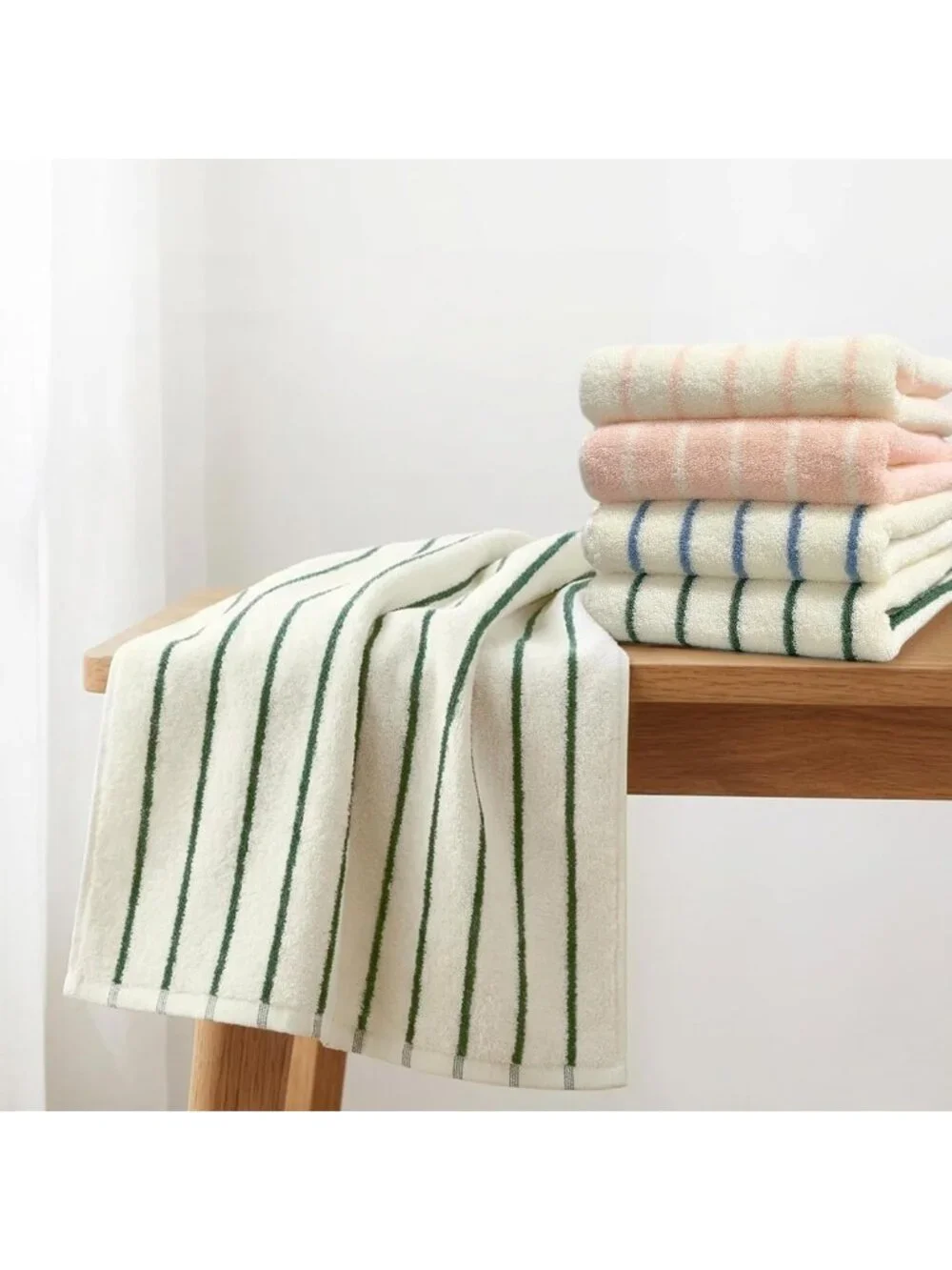 Set of 2 Green Stripe Cotton Hand Towels - Ultra Absorbent, Soft & Durable 13x28